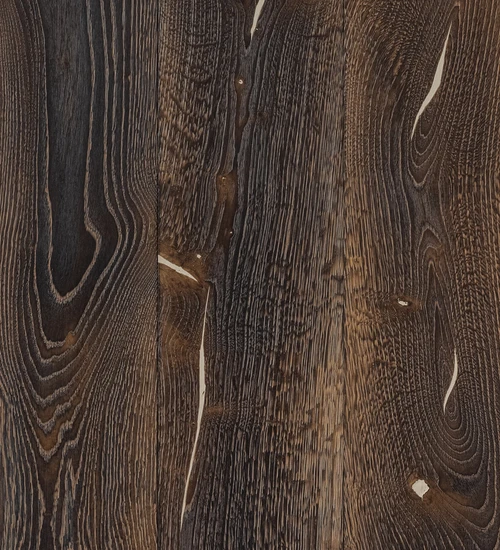 Wooden floor COFFEE BLACK Rustic – striking – white putty, extra brushed, scorched